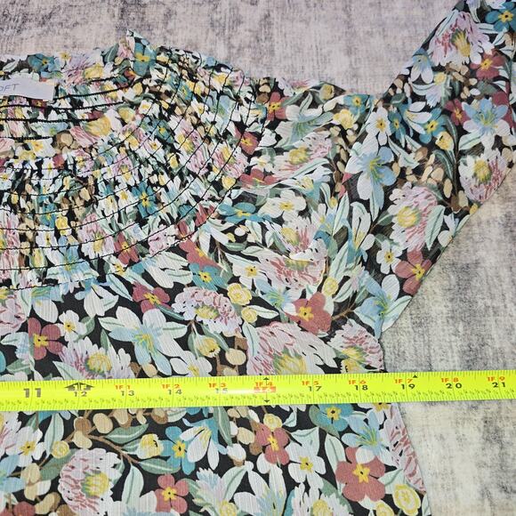 LOFT Blouse Womens Small Dark Floral Long Sleeve Smocked Lightweight Chiffon Top - Picture 7 of 10